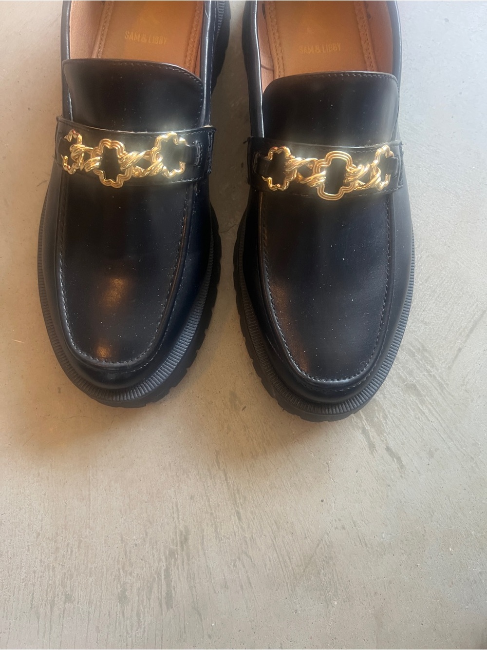 Sam & Libby Black Loafers with Gold Chain Accent